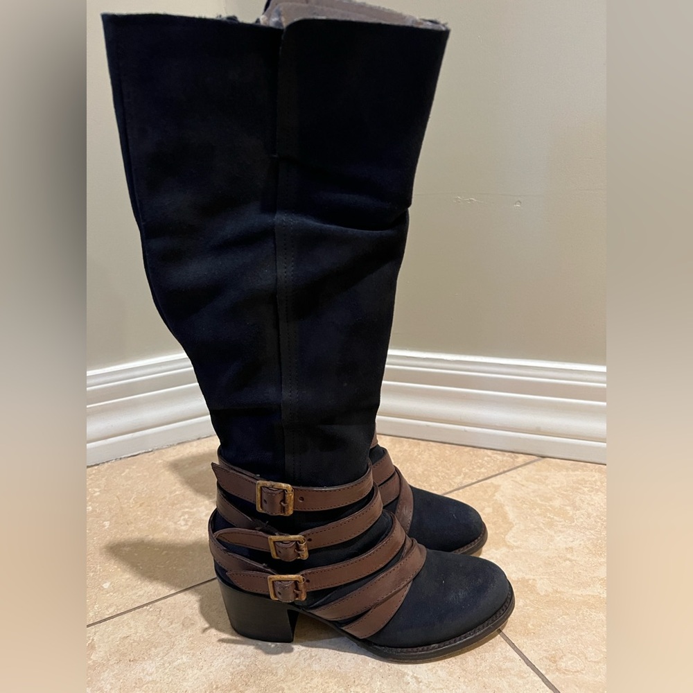 Freebird by Steven OG Jules Knee High Suede Boots Straps Buckles Leather size 7